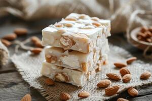 ai generato mandorla e miele torrone. torrone con noccioline. tradizionale spagnolo mandorla dolce foto