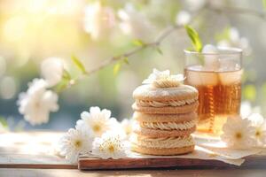 ai generato fatto a mano biscotti e un' bicchiere di ghiaccio tè su primavera soleggiato sfondo. generativo ai foto