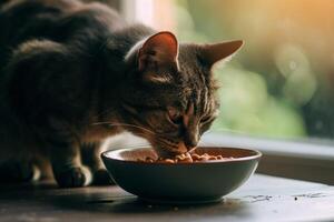 ai generato gatto mangia cibo a partire dal un' ciotola. carino domestico animale. generativo ai foto