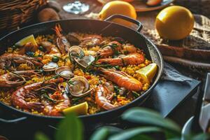 ai generato tradizionale spagnolo frutti di mare paella con Riso, cozze, gamberetti nel un' padella. generativo ai foto