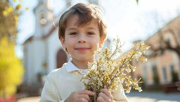 ai generato giovane ragazzo detiene salice albero nel mani in piedi nel davanti di un' Chiesa, bambini nel palma Domenica immagine foto