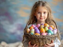 ai generato ragazza detiene cestino con vivace Pasqua uova, Pasqua uovo caccia immagine foto