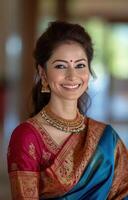 ai generato bellissimo donna sorrisi nel tradizionale marathi sari, Gudi Padwa tradizionale capi di abbigliamento immagine foto