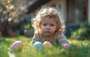 ai generato contento bambino giocando su verde erba con colorato Pasqua uova, Pasqua uovo caccia foto