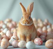 ai generato un Pasqua coniglietto pose accanto un' vivace mucchio di uova, Pasqua coniglietto concetto foto