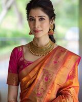 ai generato bellissimo donna nel marathi sari in mostra tradizionale eleganza e culturale orgoglio, Gudi Padwa tradizionale capi di abbigliamento foto