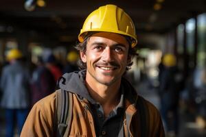 ai generato contento giovane costruzione lavoratore sorrisi indossare un' difficile cappello su il lavoro luogo, costruzione e ingegneria Immagine foto