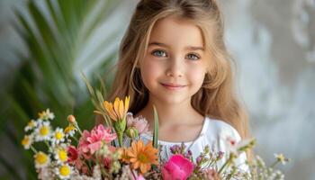 ai generato sorridente giovane ragazza con Tenere palma Domenica mazzi di fiori, bambini nel palma Domenica foto