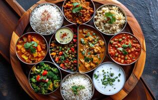 ai generato un' varietà di delizioso piatti disposte su un' tradizionale thali piatto, Gudi Padwa dolci e cucina immagine foto