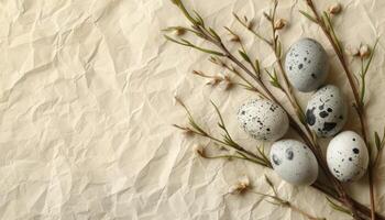 ai generato salice rami e uova in mostra su un' cremoso carta sfondo, palma Domenica saluti foto