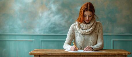 ai generato giovane donna scrittura con matita a di legno tavolo, formazione scolastica lavoro d'ufficio immagine foto