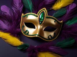 ai generato un' mardi gras maschera con viola e piume foto