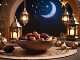 ai generato Ramadan kareem con date e lanterne su un' tavolo foto