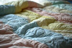 ai generato colorato pastello colorato trapuntato coperta su un' letto. generativo ai foto