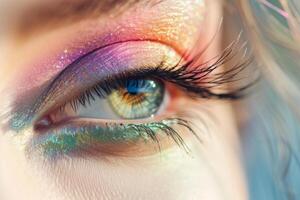 ai generato avvicinamento Visualizza di femmina occhio con luminosa multicolore moda trucco. generativo ai foto