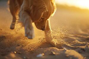 ai generato cane è assunzione un' riposo su il sabbia spiaggia. generativo ai foto