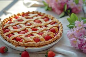 ai generato classico al forno fragola torta con un' reticolo Crosta. generativo ai foto