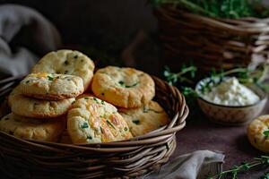 ai generato panetti con formaggio e verde cipolla. Cheddar e Erba cipollina biscotti. generativo ai foto