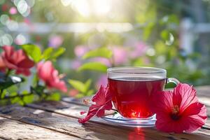 ai generato caldo ibisco tazza di tè con fiori nel il sfondo. prima colazione picnic tavolo impostare. generativo ai foto