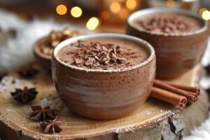 ai generato delizioso naturale cacao bevanda con cioccolato nel un' boccale su il tavolo. un' fonte di vitamine e energia foto