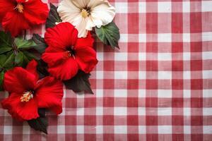 ai generato fiori su plaid con testo spazio foto