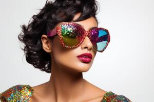 ai generato femmina modello indossare colorato Abiti e occhiali da sole foto