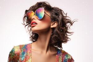 ai generato femmina modello indossare colorato Abiti e occhiali da sole foto