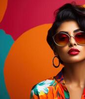 ai generato Sud asiatico ragazza indossare occhiali da sole foto