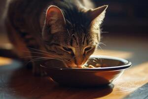 ai generato gatto mangia cibo a partire dal un' ciotola. carino domestico animale. generativo ai foto