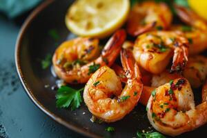 ai generato grigliato gamberetti o gamberi servito con Limone e aglio. frutti di mare. generativo ai foto