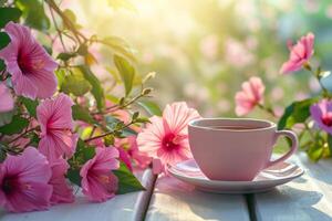 ai generato caldo ibisco tazza di tè con fiori nel il sfondo. prima colazione picnic tavolo impostare. generativo ai foto