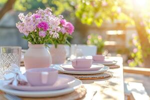 ai generato all'aperto pranzo tavolo ambientazione con fiori. romantico tavolo ambientazione con tovaglia, piatti, cristallo calici, bellissimo mazzi di fiori. generativo ai foto