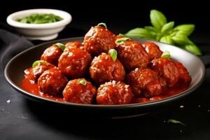 ai generato piatto di gustoso Polpette con pomodoro salsa. generativo ai foto