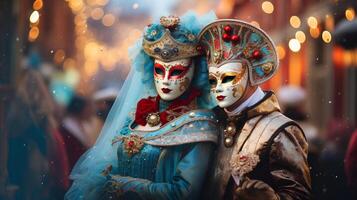 ai generato carnevale Festival nel Venezia coppia di barocco maschere foto