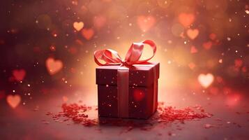 ai generato san valentino giorno regalo imballare con bokeh lighr cuori foto