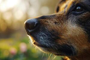 ai generato avvicinamento di un' cani naso con un' sfocato primavera paesaggio nel il sfondo. carino animale domestico. generativo ai foto