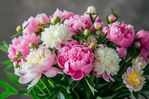 ai generato bellissimo mazzo di peonie. floreale composizione. bellissimo fresco tagliare mazzo. generativo ai foto