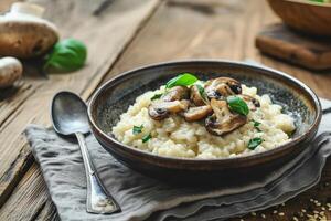 ai generato fatti in casa cremoso risotto con Marrone champignon funghi e prezzemolo. generativo ai foto