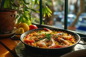 ai generato tradizionale spagnolo frutti di mare paella con Riso, cozze, gamberetti nel un' padella. generativo ai foto