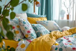 ai generato morbido biancheria da letto impostato con cuscini nel pastello colori. colorato letto biancheria. generativo ai foto