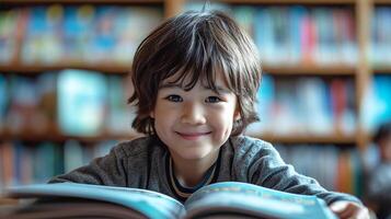 ai generato contento bellissimo ragazzo lettura un' libro nel scuola biblioteca foto