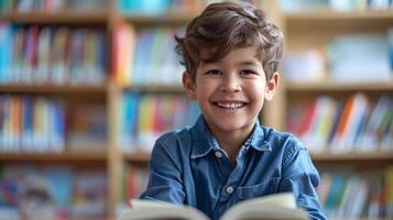 ai generato contento bellissimo bambino lettura un' libro nel scuola biblioteca foto