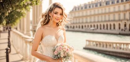 ai generato bellissimo sposa nel un' bianca vestito contro il fondale di il eiffel Torre foto