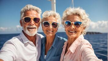 ai generato ritratto di contento anziano persone su vacanza a mare foto