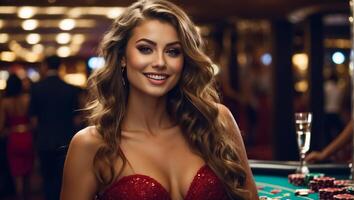 ai generato bellissimo ragazza nel un' casinò foto