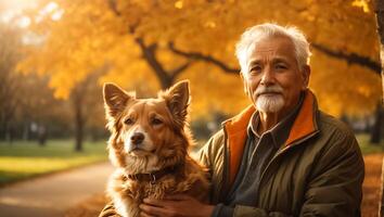 ai generato ritratto di un anziano uomo con un' cane nel natura foto