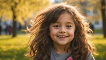 ai generato poco ragazza sorridente ritratto su il strada foto