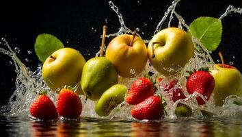 ai generato fresco maturo frutta e fragola, acqua gocce, spruzzo foto