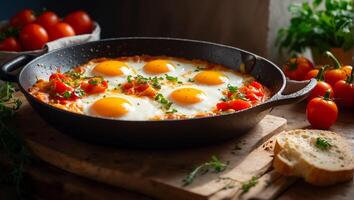 ai generato delizioso appetitoso shakshuka su il tavolo foto