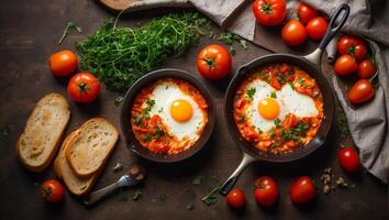 ai generato delizioso appetitoso shakshuka su il tavolo foto